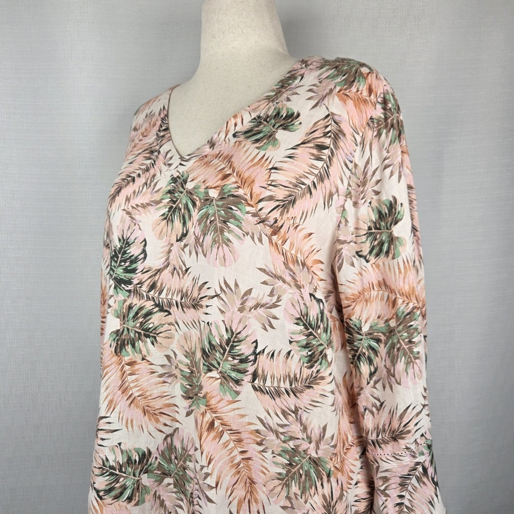 J. Jill Love Linen Pink Tropical Top‎ Women's PL Palm Leaves Resortwear Beach
